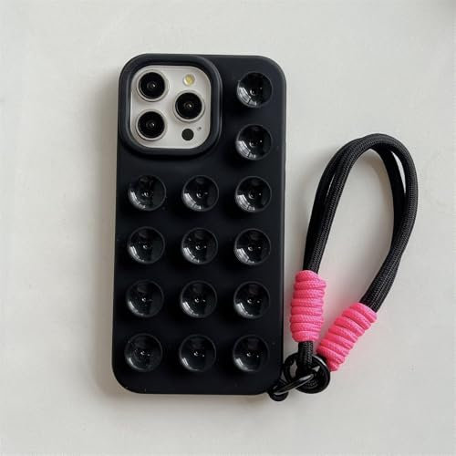 SSASMEU Custodia a ventosa in silicone liquido con cinturino da polso, per iPhone 15, 14, 11, 12, 13, 16 Pro Max Plus, tinta unita, nera, per iPhone 16