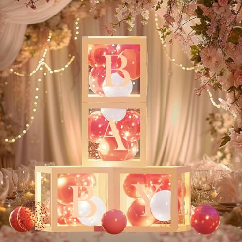 Baby Shower Decorations Balloon Boxes Set – 4Pcs DIY Boxes with 30 Balloons, 4 Strings of LED Lights, 4 Set of BABY Letters for Boys Girls Baby, Bridal Showers Gender Reveal Birthday Party Decor
