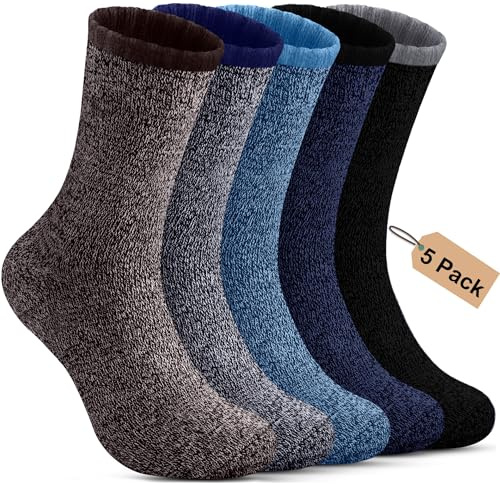 AVAYUU 5 Paar Thermosocken Herren Winter Warme Socken Dicke Wintersocken Thermo Wandersocken Männer Atmungsaktiv Anti Schweiß Baumwolle Socken für Zuhause Freizeit Wandern Sports Skaten Größe 39-45 B