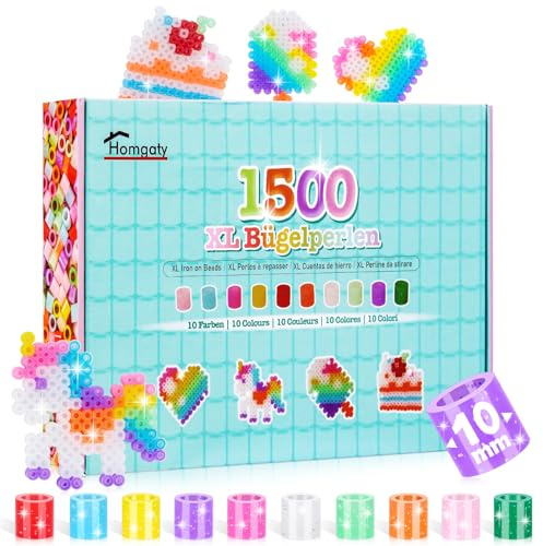 Homgaty 10 mm stora strykpärlor glitter – 1 500 stycken XL plug-in-pärlor, påfyllningsset med plug-in-plattor och strykpapper, 10 pastellfärger, kreativt pärlset för barn från 3 år