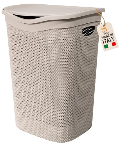 Akitaink - Cesto Portabiancheria Grande con Coperchio | Intreccio Tortora, Plastica Resistente, Maniglie Laterali, Stile Moderno per Bagno o Lavanderia