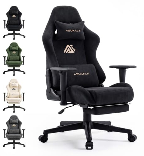 Asukale Gaming Stuhl | Wildlederimitat Bürostuhl Ergonomisch mit Fußstütze | 90°-175° Rückenlehne, Kopfstütze und Lendenwirbelstütze, 3D Armlehnen, Hohe Rückenlehne, 200kg Belastbarkeit, Schwarz