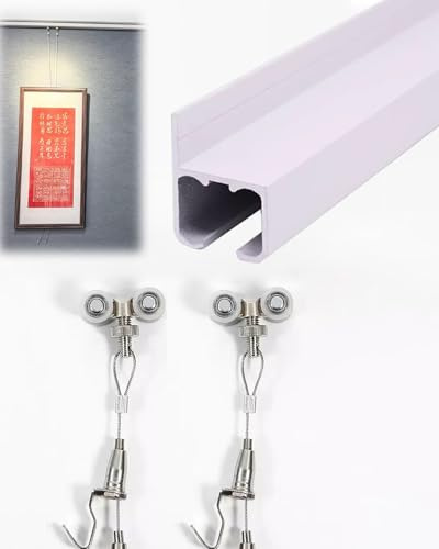 Sistema di montaggio a parete per quadri con ganci, kit per appendere gallerie d'arte, binario di visualizzazione regolabile per immagini e mostre, opzioni da 30 a 91 cm, include cavo da 150 cm.