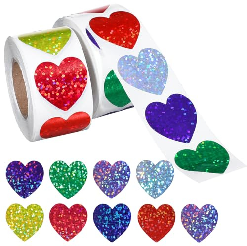 Classicseali 1000pcs Heart Stickers, Sparkly Heart Stickers for Kids Reward, 1 Inch Self Adhesive Colorful Foil Love Sticker for Birthday Party Decoration, Valentine, Wedding, Classroom (2Rolls)