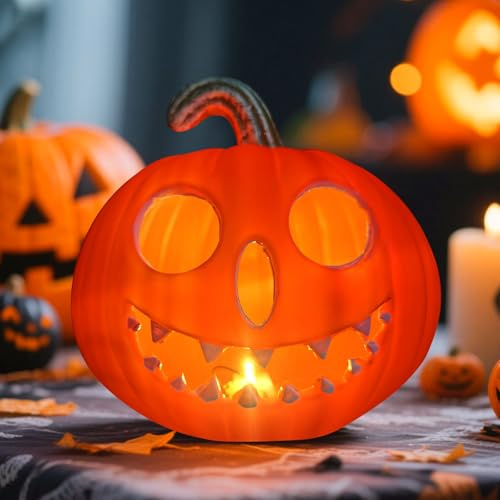 Halloween Deko Kürbis Laterne, Halloween Deko Outdoor Kürbisse Lichter, LED Kürbis Laterne, Leuchtender Kürbisdeko Ornament für Helloween Außen Innen Herbstdeko Tischdeko Garten Party (C)