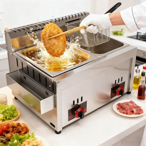 Gas Fritteuse, 10+10L Doppel Edelstahl Fritteuse Mit Pommeskorb Und Deckel, Gewerbliche LPG-Frittiermaschine Einstellbare Feuerkraft Großer Kapazität Einfache Reinigung, Für Restaurant Heimküche