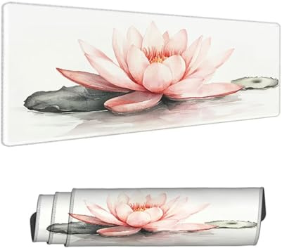 Mousepad Weiß Mauspad XXL 900 x 400 mm Verlängertes Schreibtischauflage mit Rutschfester Gummibasis, mit Nähten an den Rändern Wassxerdicht Anti-Rutsch Gaming Mauspad Lotus, Desk Deko Zubehör H-5168