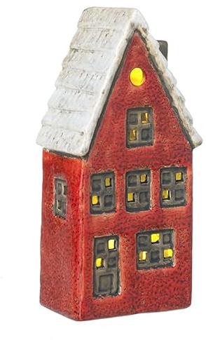 Heaven Sends Red Christmas House Ornament with LED Lights – Ceramic Festive Village Decoration with Snowy Roof – Cosy Winter Home Décor for Mantel, Shelf & Windowsill 17cm