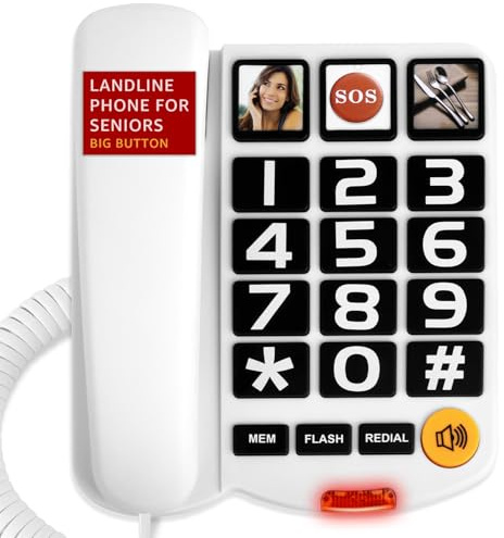 Big Button Landline Phone for Seniors, Uvital Senior Telephone for Elderly with 3 One-Touch Dialing, Corded Landline with SOS Emergency Button, Adjustable Volume, Ringtone Off Function(White)