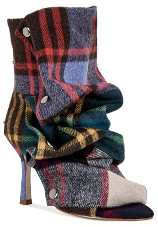 RKQ Women's Suede Plaid kitten Stiletto Heels Peep toe Ankle Boots cute Back zipper Detachable Snap off Panel Slouchy Dress Party y2k Short booties 8