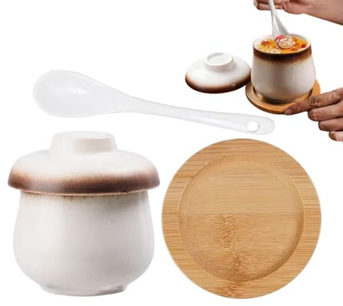Cocotte en céramique, 250 ml, petit bol à soupe en céramique, avec couvercle et cuillère, bol pour la fabrication de crème aux œufs pour la cuisine domestique, pour œufs, soupes de légumes, desserts
