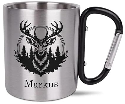Personalisierter Metallbecher Jagdbecher mit Hirschmotiv, Campingbecher mit Karabiner, Metalltasse für Jäger & Outdoor Becher aus Edelstahl Jäger
