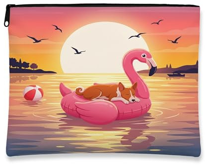Funny Basenji Dog Makeup Bag, Flamingos Lifebuoys Sea Cosmetic Travel Pouch for Women, Portable Small Canvas Zipper Organizer, Pet Toiletry Bag 7x9 Inch