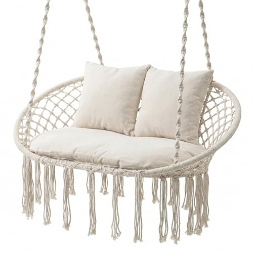 COSTWAY Hängesessel Indoor und Outdoor, Hängeschaukel für 2 Personen mit Kissen und Fransen, Hängestuhl Boho, Hängekorb für Garten, Balkon & Terrasse, blastbar bis 250 kg, Beige