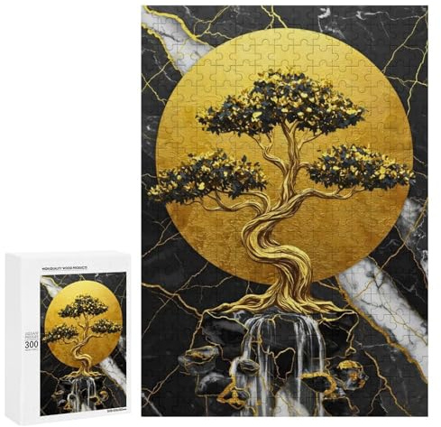 Golden Bonsai Tree with Waterfall – Wooden Brain Teaser for Adults, 300 PCS, Year-End Present – for Quiet Evenings And Focused Play