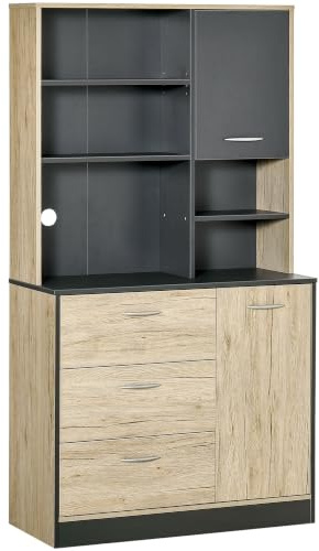 HOMCOM Mobile Cucina Salvaspazio Legno 90x39x169cm Grigio Rovere Chiaro | Credenza Moderna, 2 Armadietti, 3 Cassetti, 3 Ripiani
