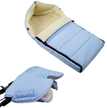 BAMBINIWELT KOMBI-ANGEBOT Muff + vinterväska 90 cm – av lammull för barnvagn, buggy, hjulberlock – ylle – fodrad Ljusblå