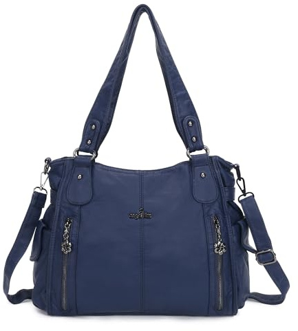 ZOCAI AngelKiss Handtasche Damen Schultertasche Multifunktionale Umhängetaschen Gewaschenes Veganes Leder Wasserdicht mit Reißver Schlusstaschen Reißverschlusstasche (Blau 2)