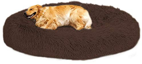 Loir Fluffy hundebett für große und extra große Hunde, 120 cm, Braun, Donut Weiches Plüsch Rundes hundekissen, Waschbar, Tiefschlaf