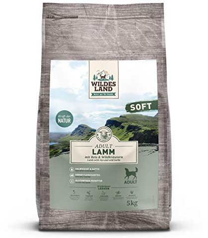Wildes Land - Halbfeuchtes Trockenfutter für Hunde - Lamm - 5 kg -Soft mit Reis und Wildkräutern - Glutenfrei - Extra viel Fleisch - Für alle Hunderassen - Beste Akzeptanz