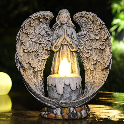Yiosax Angel Garden Statues Outdoor Cemetery Decorations for Grave Take The Cross Praying Wings Angel Figurine Cemetery Lights Patio Lawn Yard Porch Decorations 10.24 Inch
