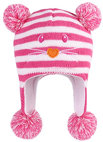 LANGZHEN Kleinkind Kinder Kleinkind Winter Hut, Earflap Strick Warme Kappe Fleece gefütterte Mütze für Baby Jungen Mädchen (Katze -Rose, 6-12 Monate)