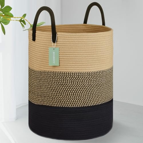 BOSROTY Large Blanket Basket, Tall Laundry Hamper 65L, Nursery Basket with Handles for Storage Toys Clothes Towels, Cotton Rope Woven Organiser, 40 x 50 CM, Brown & Black