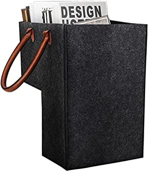 Cesto portaoggetti per scale, in feltro, pieghevole, grande, con manici in finta pelle, a forma di L, per lavanderia, giocattoli, articoli per la casa (nero)