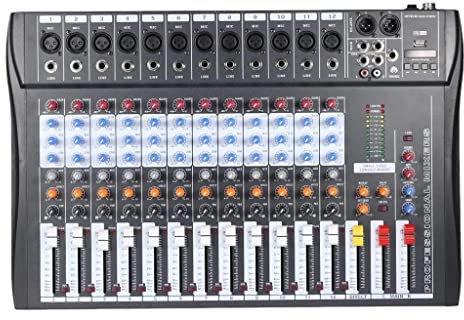 HMTE 120S-USB 12 Canales Línea de micrófono Mezclador de Audio Consola de Mezclas Entrada USB Ecualizador de 3 Bandas 48V Alimentación con Adaptador de Corriente