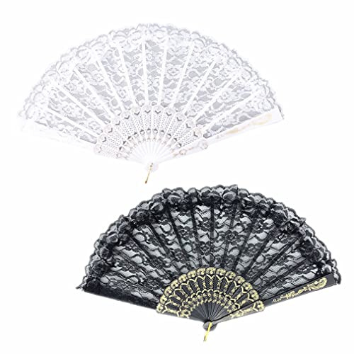 Morices 2 Pcs Lace Folding Hand Fan, Retro Handheld Delicate Hollowed Flower Fans for Dance Performance, Decorative Hand Holding Fans for Wedding Party Gift Wall Hanging Decoration Photo Props