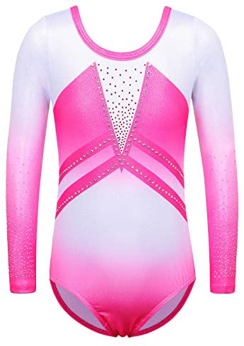 ZNYUNE Gymnastikanzug für Mädchen, ärmellos, langärmelig, Farbverlauf, Tanz, Gymnastik, Turnanzug, 3–14 Jahre, B263, Weiß-Rosa, 8 A