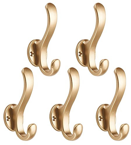 WASYPLSFOI Wall Hooks Over Door Key Towel Coat Hat Purse Hanger Holder Rack Double Hooks Heavy Duty for Wall Bathrooms Hanging Hooks, 5 Pack Gold