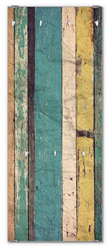 banjado® Wandgarderobe aus Echtglas/Design Garderobe 50 x 125 cm groß/Flurgarderobe mit 7 Haken/Beschreibbares Garderobenpaneel Motiv Bunte Bretterwand
