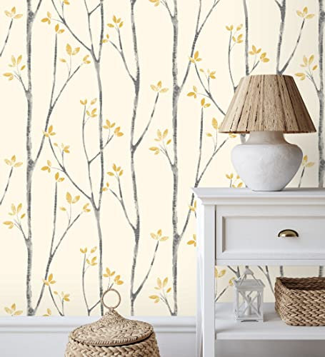 GAULAN 500680945 Papier peint branches d'arbres nordiques avec des feuilles moutarde pour mur salon cuisine bain chambre couloir salle à mange tête de - Échantillon DIN A4