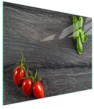 DarHaus Herdabdeckplatte einteilig 52x30 cm Ceranfeld Abdeckung Glas Spritzschutz Abdeckplatte Glasplatte Herd Ceranfeldabdeckung Deko, Tomaten Holz