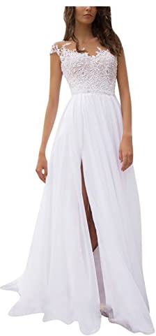 Hochzeitskleider für Damen - Abendkleider Elegant für Hochzeit Damen Abendkleid Lang Spitzen Chiffon Kleid V-Ausschnitt mit Schlitz Sexy Rückenfrei Ballkleid Brautkleid Brautjungfernkleider