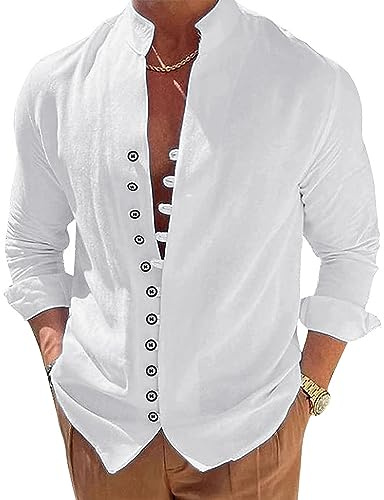 NANAMEEI Men's Linen Grandad Shirts - Long Sleeve Casual Linen Shirts