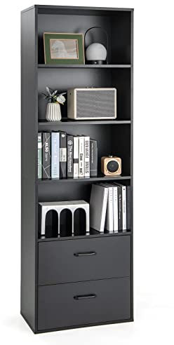COSTWAY 188cm Tall Bookcase, 6-Tier Wooden Bookshelf Storage Cabinet with 4 Open Shelves and 2 Drawers, Modern Freestanding Cupboard Display Organizer Unit for Living Room Bedroom Office (Black)