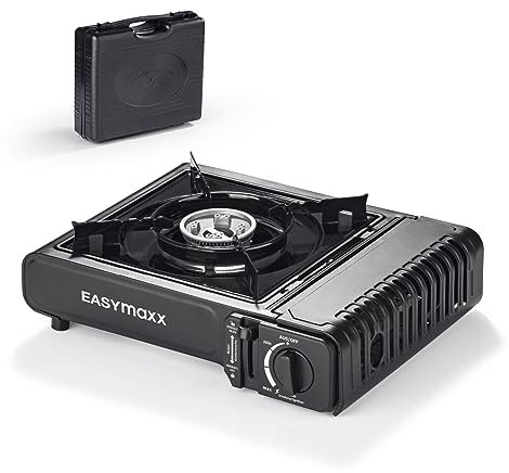EASYmaxx, Estufa de gas portátil, compacta con estuche de transporte, estufa de exterior de ajuste continuo con encendido piezoeléctrico automático, ideal para el camping