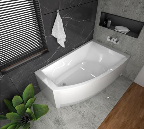 ECOLAM® Eckbadewanne Badewanne Acrylwanne HELA 150x90 cm RECHTS Acryl Sanitäracryl + Acrylschürze + Ablaufgarnitur Ab- und Überlauf Automatik Füße Silikon pflegeleicht Qualitätswanne