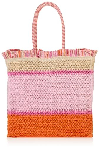 Mud Pie Women's Bright Fringe Tote-Pink; 17 x 14.5 x 7