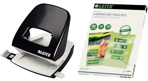 Leitz Büro Locher aus Metall, Für 30 Blatt, Anschlagschiene mit Formatangaben & Heißlaminierfolien A4 80 mic, Hochwertige Laminierfolien im 100er Pack