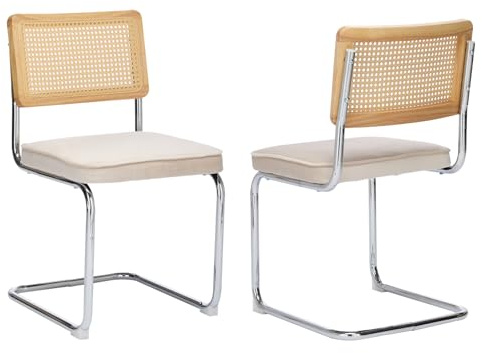 SoarTalent Rattan Back Velvet Dining Chair Set of 2 Modern Breuer Designed Stainless Chrome Base Armless Upholstered Dining Chair for Dining Room, Kitchen Island(Beige)