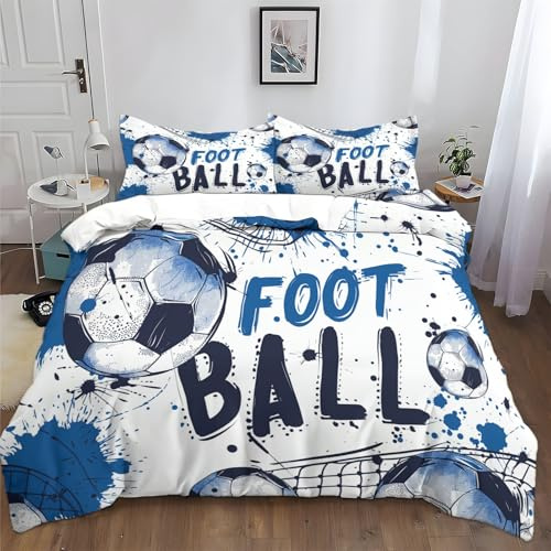 XCQHZYQ Copripiumino Matrimoniale 220x240 cm Tema Calcio Blu Set Copripiumino Cotone Poliestere Parure Letto con 2 Federe, Set di Biancheria da Letto per Bambini Adulti