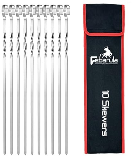 Febarula 10-Pack Stainless Steel Skewers for Grilling, 17-Inch Flat Blade with Angled Tips, Non-Rust Heavy Duty Metal Kabob Sticks, Perfect for BBQ, Oven, Camping, and Evenly Cooking Meat/Vegetables