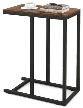 COSTWAY Beistelltisch C-Form, Sofatisch mit Metallgestell, Kaffeetisch für Wohnzimmer, Schlafzimmer, kleine Räume, Couchtisch für Couch und Bett, Laptoptisch, 45,5 x 25,5 x 64 cm (Braun)