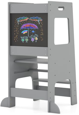 COSTWAY Kids Step Stool, Height Adjustable Learning Tower with Safety Rail, Chalkboard, Wooden Kitchen Helper Stand for Toddler (Grey)