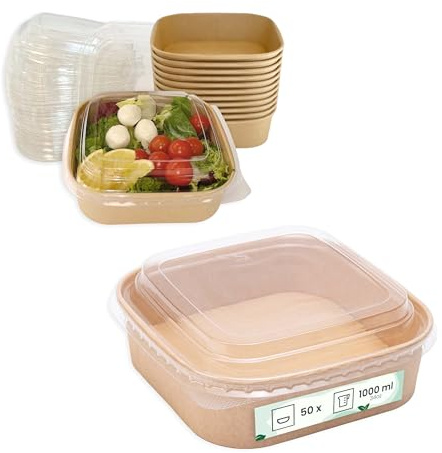 ECOPICNIC Lot de 50 bols à salade carrés en kraft avec couvercle en PET - 1000 ml - Jetables - Pour salades, soupes et collations - Idéal pour les déplacements et la restauration