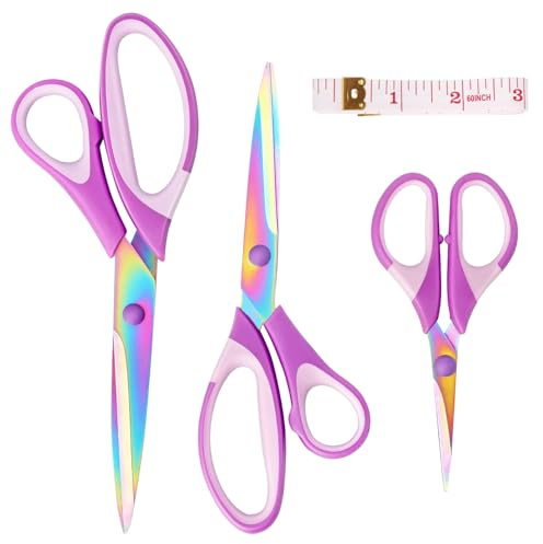 Schere, Mehrzweck-Bastelschere, Edelstahl, scharfe, bunte, titanbeschichtete Klingen, 3er-Set Scheren für Büro, Haushalt, Schule und Schneiderei (violett)