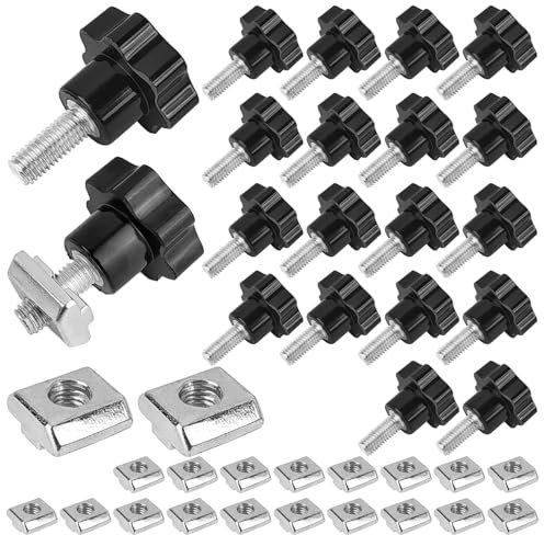 20 Piezas Juego Tornillo Mango Estrella, Inoxidables Fáciles de Instalar, Mango en Estrella M8 X 20 MM + Tuerca con Ranura en T, Utilizado para Equipos Mecánicos, DecoracióN de Muebles (plata + negro)